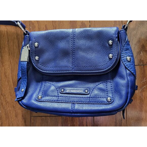 B. Makowsky Leather Bag Purse Blue Cross Body Shoulder Strap Silver Studs - Picture 1 of 16